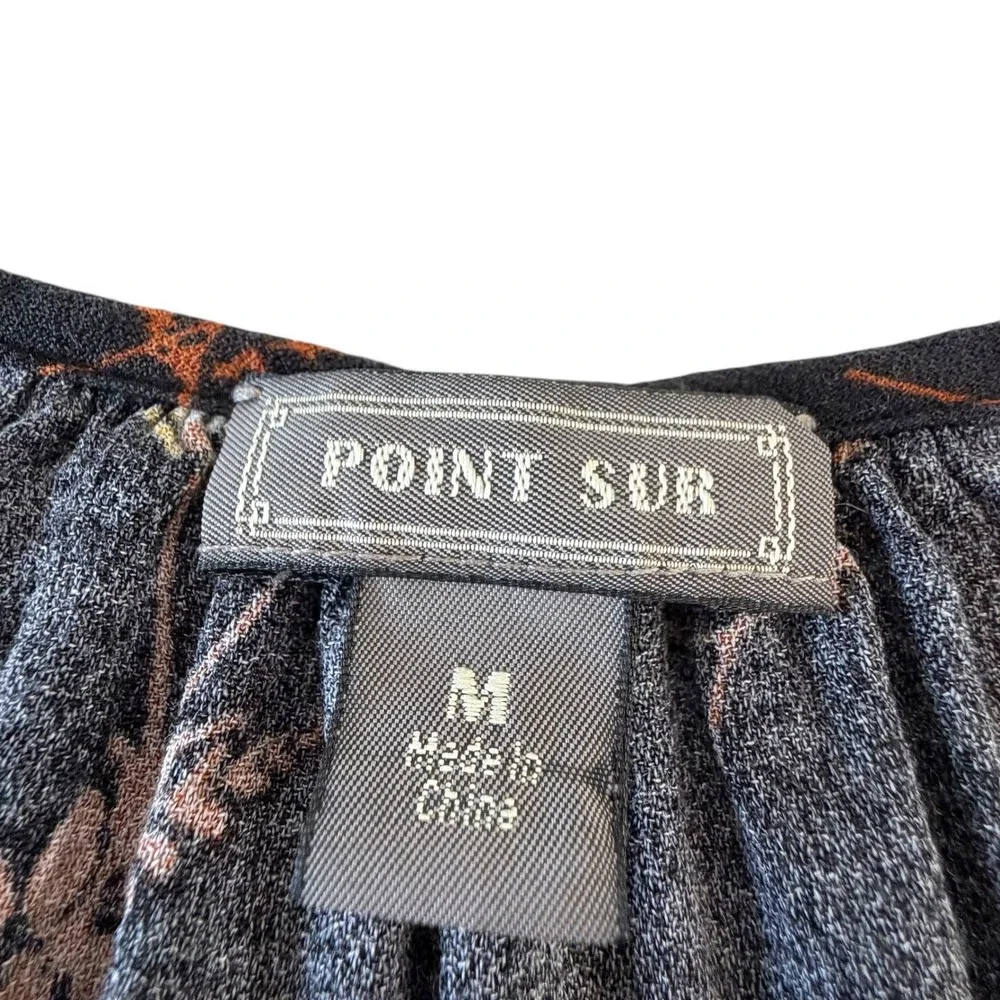POINT SUR Black Floral Print‎ V Neck Long Sleeve Gathered Cuff Blouse Women's M